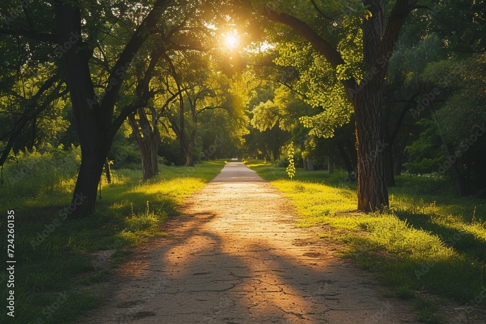 Sunlit path in a park before sunset