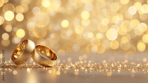 Close up shot of two gold wedding rings on soft yellow bokeh background with ample copy space