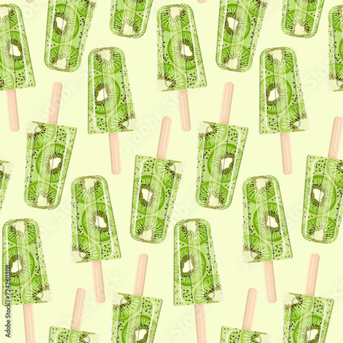 Seamless repeat pattern of kiwi ice cream fruity juice illustration. Sweet dessert for summer or holiday, summer menu design, hand drawn pattern of tasty treat.