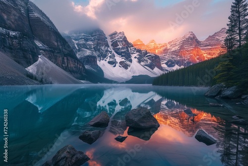 Sunrise at Moraine Lake in the Valley of the Ten Peaks. Banff National Park, Alberta, Canada. photo