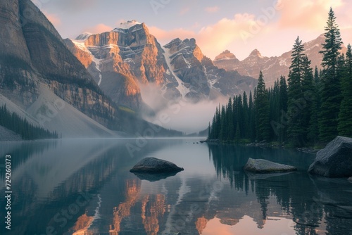 Sunrise at Moraine Lake in the Valley of the Ten Peaks. Banff National Park, Alberta, Canada.