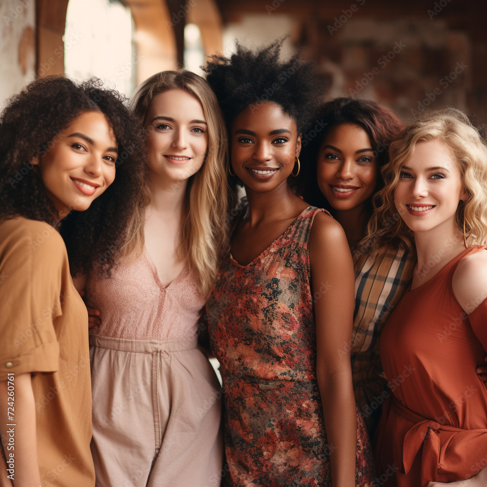 Fototapeta premium friendship of different nations, together diverse cultures, traditions, values, shared humanity, cooperation, respect , multiethnic friends young beautiful, team group smiling friends.