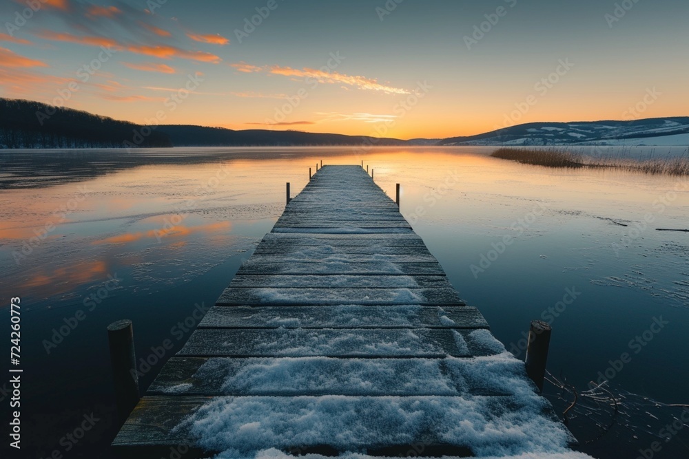 Symmetrical view of jetty on frozen lake, hills in background at sunrise - obrazy, fototapety, plakaty 