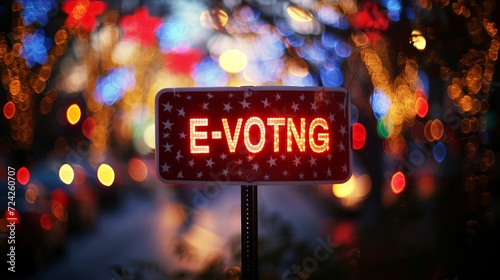 E voting text overlay on blurred defocused magical background, internet voting concept.