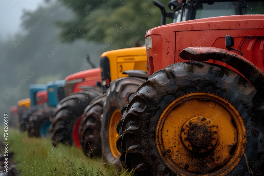 A row of tractors parked next to each other. Suitable for agricultural and farming concepts A row of tractors parked next to each other. Suitable for agricultural and farming concepts
