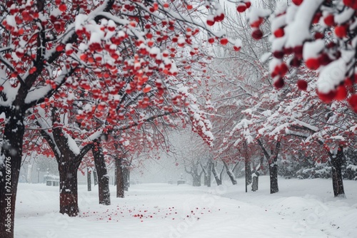 Winter city park at snowfall with red wild apple trees