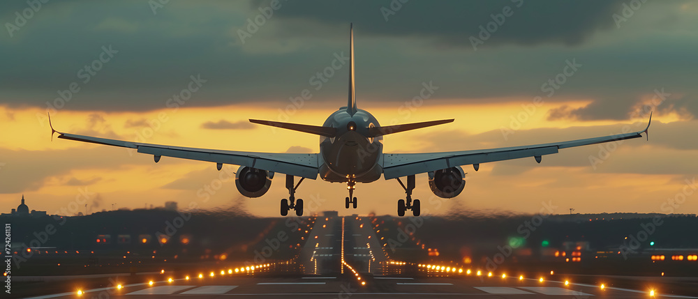airplane landing at sunset - obrazy, fototapety, plakaty 
