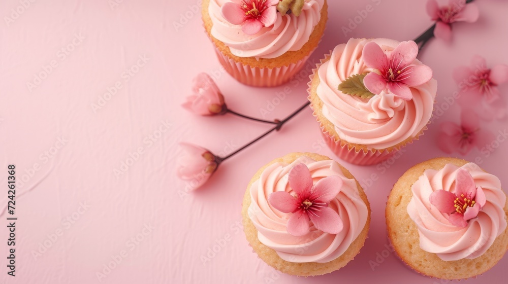 Cupcakes with pink frosting and cherry blossom topping, sakura-inspired dessert for a hanami party Cupcakes with pink frosting and cherry blossom topping, sakura-inspired dessert for a hanami party