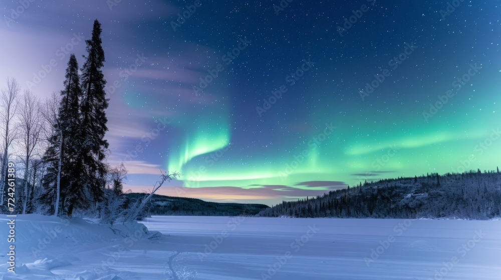 The breathtaking Northern Lights, Aurora Borealis, dance across the night sky above a snowy landscape