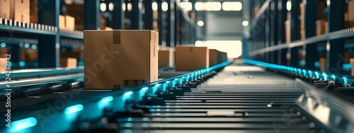 Closeup of multiple cardboard box packages seamlessly moving along a conveyor belt in a warehouse fulfillment center photo