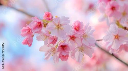 Delicate sakura cherry blossoms in full bloom  showcasing soft pink petals against a blurred background  spring time in Japan