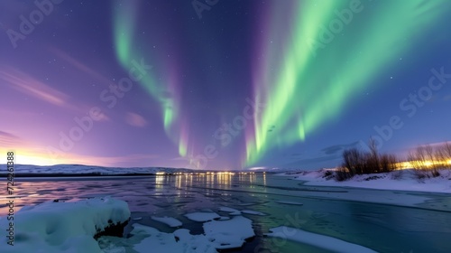 The breathtaking Northern Lights  Aurora Borealis  dance across the night sky above a snowy landscape