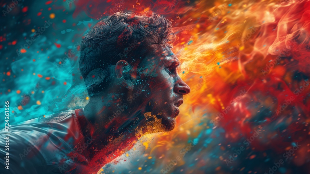 Intense Football / Soccer player in fire and ice setting, orange / blue