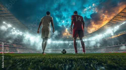 Soccer Showdown at Sunset, Two Soccer players in crowded stadium at huge tournament