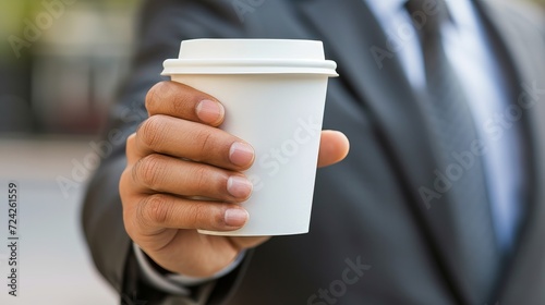 Close up of businessman s hand holding a empty coffee to go paper cup, isolated on white background