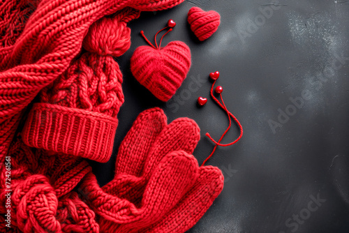 Red knitted scarf  hearts and snowflakes on black wooden background