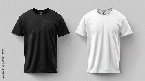 Set of realistic white and black unisex classic t-shirt with round neckline on coat hanger. Front and back view. Vector illustration collection on gray background, generative ai photo