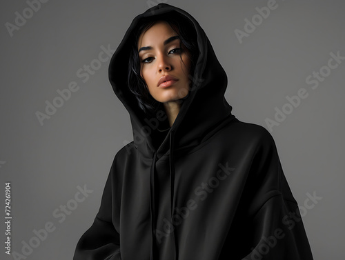 Wallpaper Mural Fashionable black long hoodie mockup worn by a woman, streetwear for branding, design, commerce, front display. Indoors with dark grey walls. Created with Generative AI. Torontodigital.ca