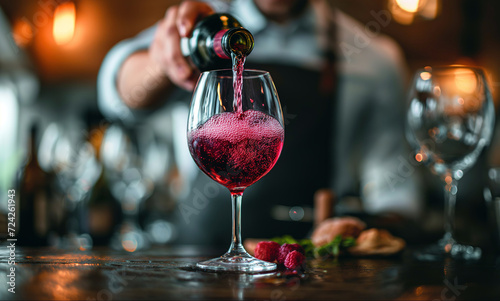 Close-up of a waiter pouring a refreshing sparkling rosé wine into a glass.