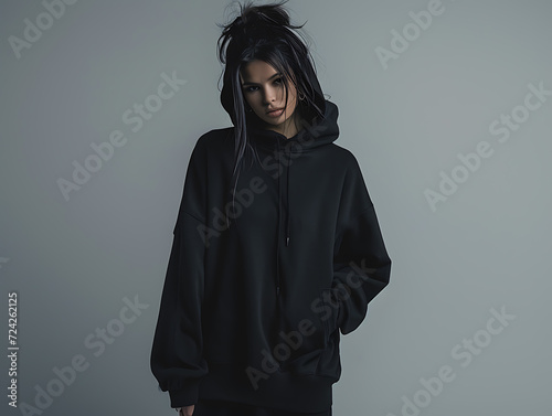 Wallpaper Mural Fashionable black long hoodie mockup worn by a woman, streetwear for branding, design, commerce, front view. Indoor with steel blue colored wall. Created with Generative AI. Torontodigital.ca