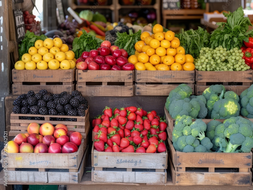 A display of fresh organic produce like fruits and vegetables, set in a charming farm market environment