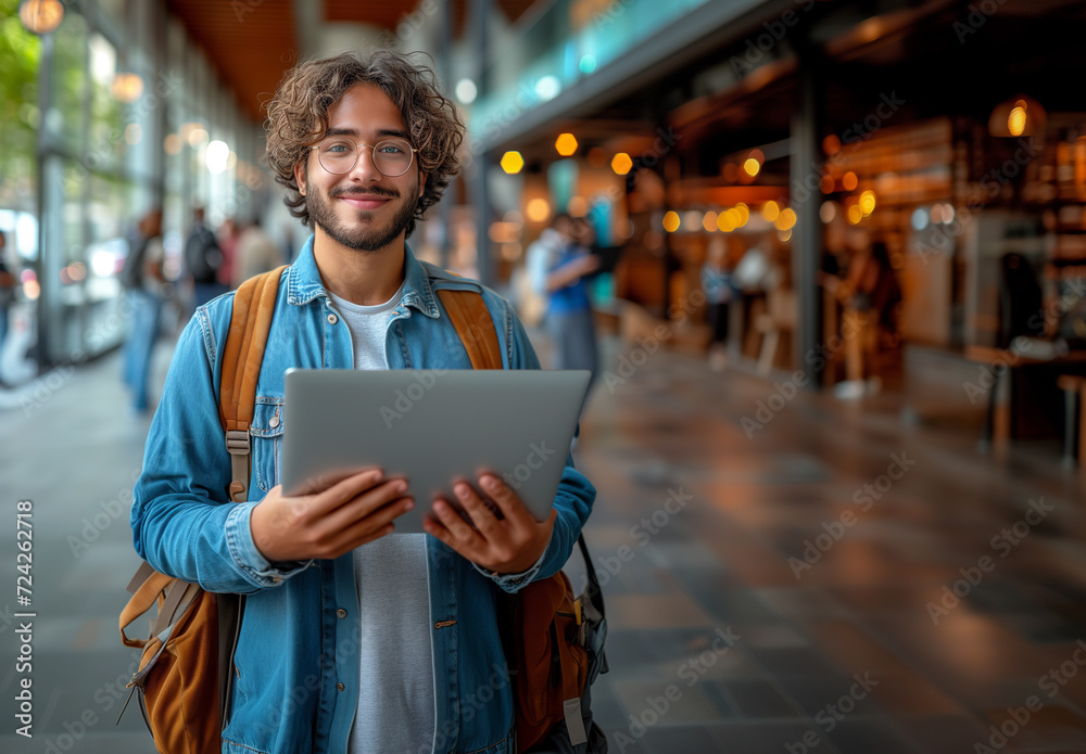 20s latin young plus size latin man, college student, holding laptop wearing a blue jacket and glasses 20s latin young plus size latin man, college student, holding laptop wearing a blue jacket and glasses