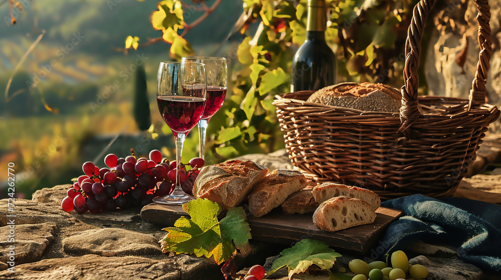 Vineyard Tranquility: Rustic Scene with Grapevines, Bread, and Wine Being Served