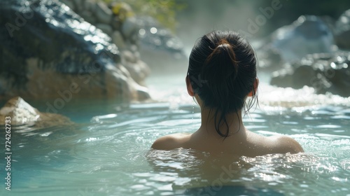 30 year old woman enjoys a natural thermal bath, with copy space