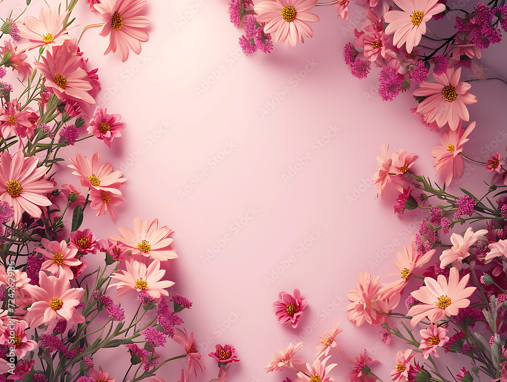 Fototapeta premium Beautiful pink flowers from the top view on a pink background. Suitable for Mother's Day, Valentine's Day, women's Day, and love celebrations. Created with Generative AI.