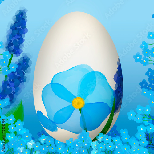 Easter holiday illustration. Easter egg. Egg and blue flowers.