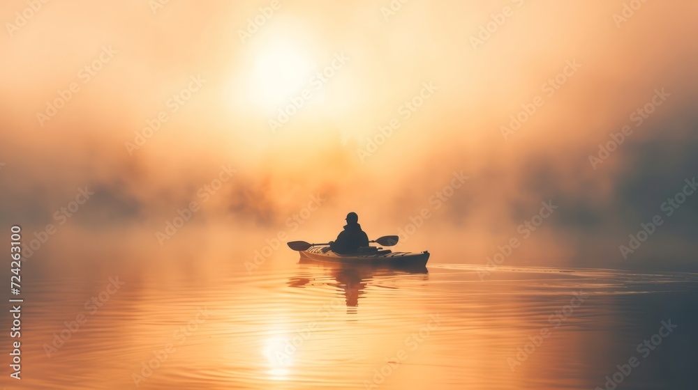 A solitary kayaker navigating through a mist-covered lake at sunrise, creating a serene and tranquil atmosphere