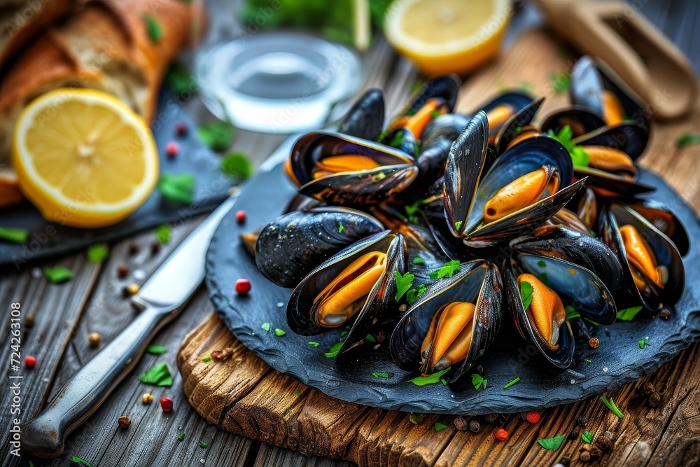 A zesty citrus twist adds a burst of flavor to a mouthwatering dish of succulent mussels, resting on a rustic wooden backdrop with hints of orange and citron