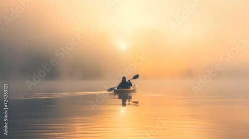 A solitary kayaker navigating through a mist-covered lake at sunrise, creating a serene and tranquil atmosphere