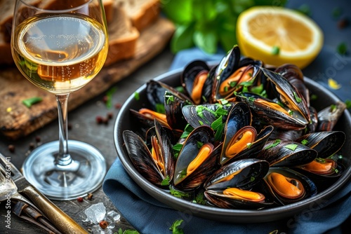 Savor the taste of the sea with a bowl of succulent mussels and a crisp glass of wine, the perfect pairing for a cozy evening at the table