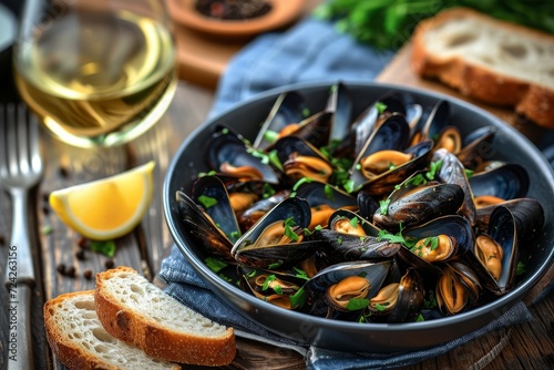 A rustic feast of succulent shellfish, freshly baked bread, and tangy lemon, served on a table adorned with elegant tableware and surrounded by the lively chatter of indoor dining
