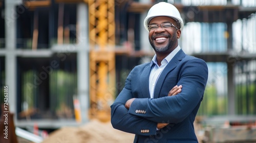 black contractor in construction standing in front of building