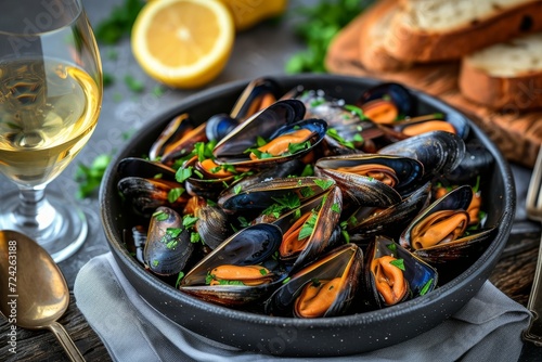 A mouth-watering display of delectable seafood, with a succulent bowl of mussels and a crisp glass of wine, accompanied by the refreshing tang of lemon and the elegant tableware, all set against the 