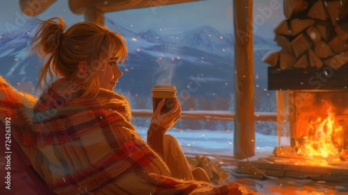 Illustration of a young woman wrapped in a cozy blanket  with her coffee in a cabin with a picturesque winter landscape.