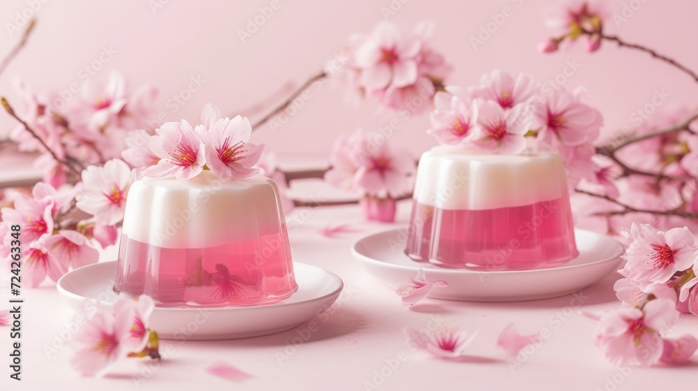 Sakura Blancmange - two-layered sakura jelly and sakura-flavored blancmange dessert, sweet Japanese treat Sakura Blancmange - two-layered sakura jelly and sakura-flavored blancmange dessert, sweet Japanese treat