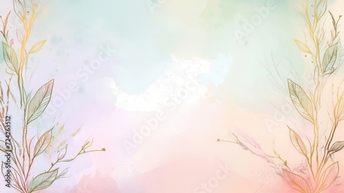 Watercolor botanical illustration with leaves and a pink and turquoise gradient background.