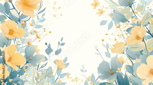 A floral border with peach and yellow flowers  green leaves against a white background.