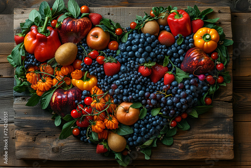 A detailed heart sculpture made of fruits and vegetables on a rustic wooden backdrop. Created with generative AI.