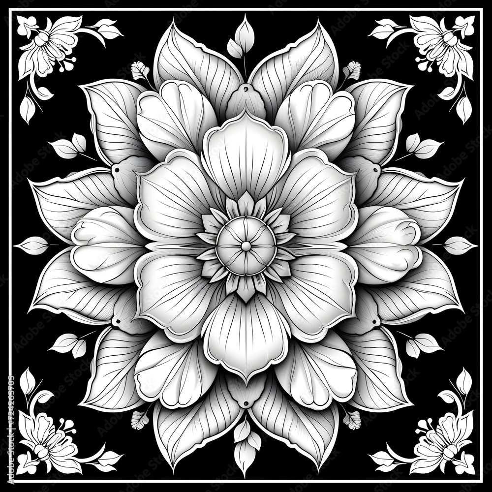 Exquisite Floral Mandala Coloring Pages: Intricate and Relaxing Flower Patterns for Mindful Art Therapy and Stress Relief - abstract mandala flower coloring book page design. black white