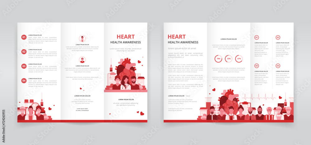 Trifold brochure, pamphlet or triptych leaflet template ideal for american heart month or world heart day or any other cardiovascular health awareness programs - obrazy, fototapety, plakaty 