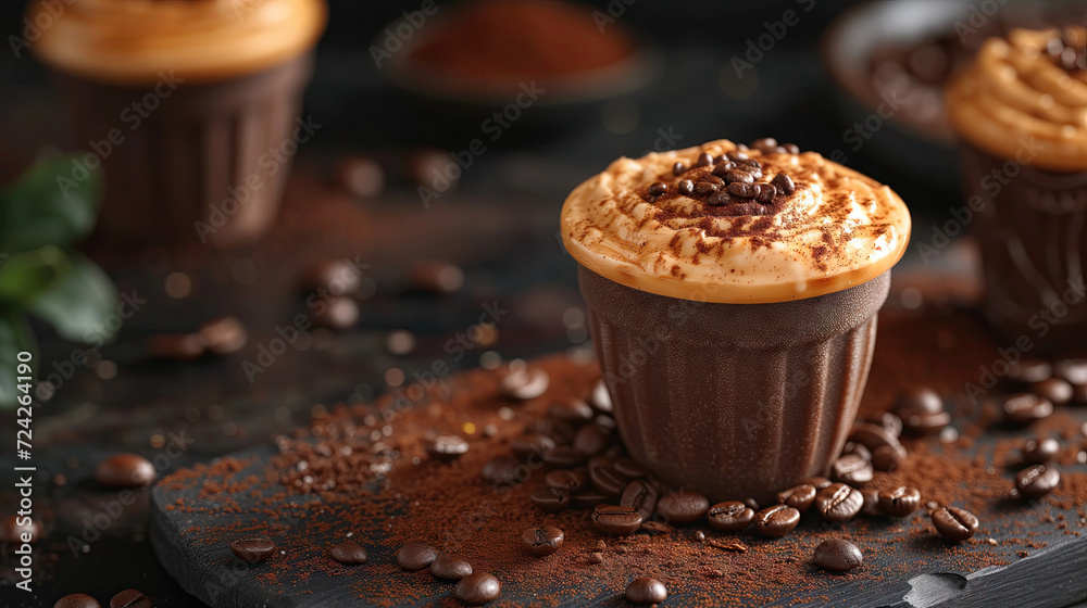 Delicious chocolate muffins with cream and coffee beans on wooden board. Edible cups for coffee Delicious chocolate muffins with cream and coffee beans on wooden board. Edible cups for coffee