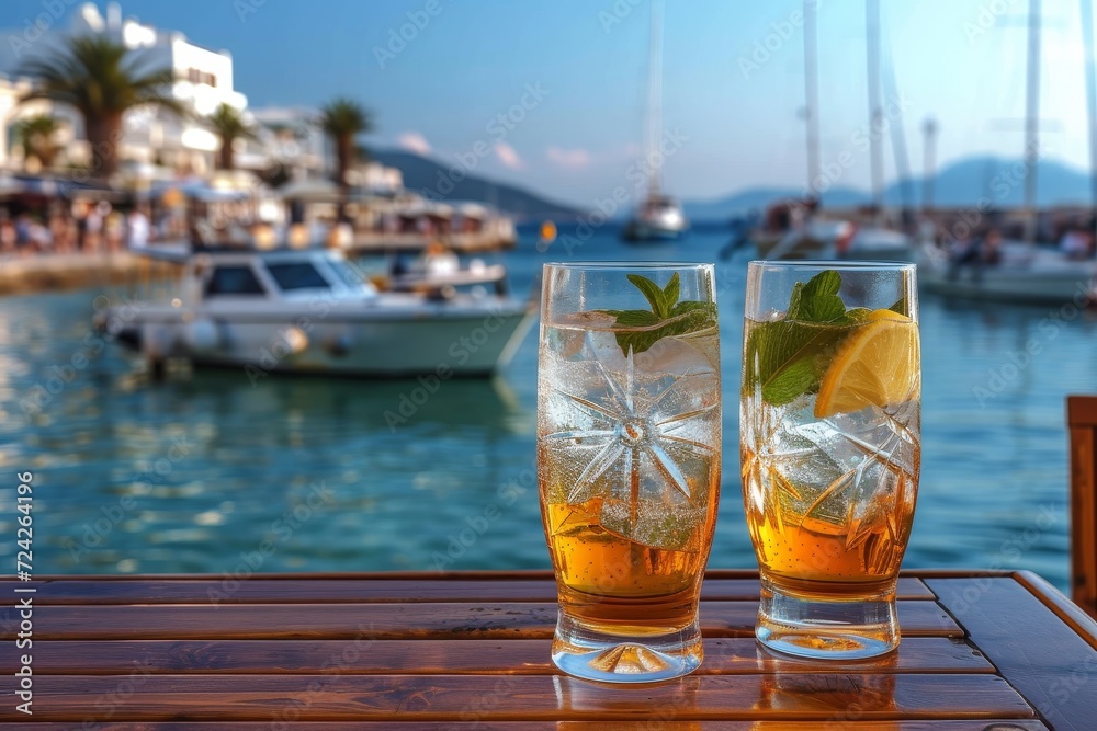 Two highball glasses, one filled with a refreshing cocktail and the other with crystal clear water, sit on a wooden table outdoors as two people relax and enjoy their drinks while watching boats on t Two highball glasses, one filled with a refreshing cocktail and the other with crystal clear water, sit on a wooden table outdoors as two people relax and enjoy their drinks while watching boats on t