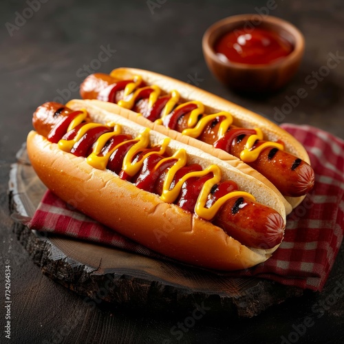 Indulge in the ultimate american comfort food with these two perfectly grilled hot dogs, slathered in mustard and ketchup and nestled between a soft, warm bun - a mouthwatering snack that's sure to s photo