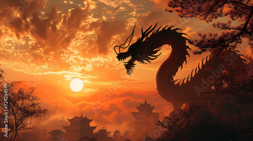 Silhouette of oriental mythical dragon on sunset background in ancient asian village. Dramatic style