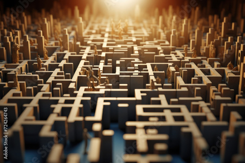 A maze constructed out of dominos, indicating creative problem solving and domino effect in actions. Concept of strategic planning. Generative Ai.