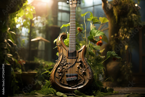 A musical instrument with plant vines growing around it, showing harmony between nature and music. Concept of natural harmony. Generative Ai.